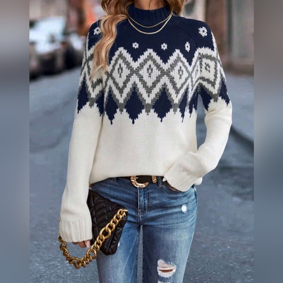 NEW Fair Isle Knit Sweater Mock Top Navy Blue Off White Gray - Picture 2 of 8